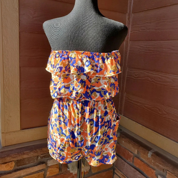 Papaya Women's Graphic Print Coral Blue Cream Strapless Romper Size Small - Picture 5 of 16